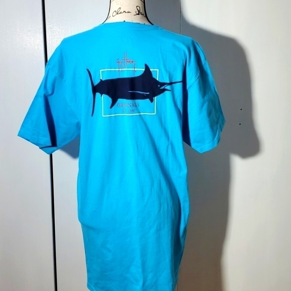 Guy Harvey|Mens Turquoise Blue Short-Sleeved Shirt Graphic Chest Logo Sz.Large